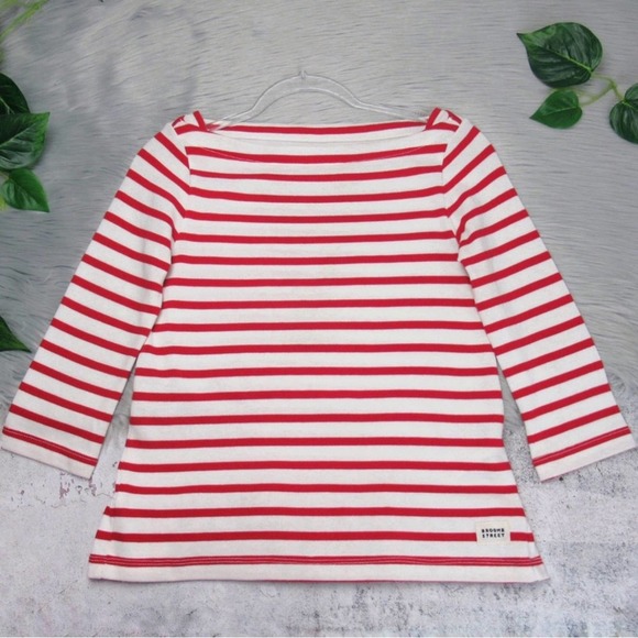 KATE SPADE Broome Street Red Nautical Striped Boatneck Ruffle Back Cotton Top XS - Picture 9 of 13